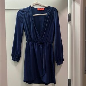 AKIRA Blue Ruched Plunge Sheath Dress